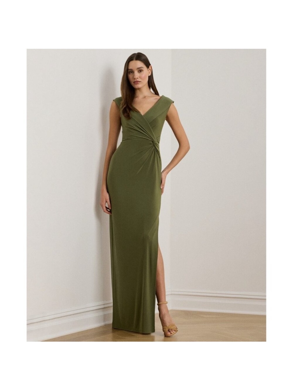 Lauren Ralph Lauren Jersey Off-the-Shoulder Gown Olive Green Size 4 MSRP $225